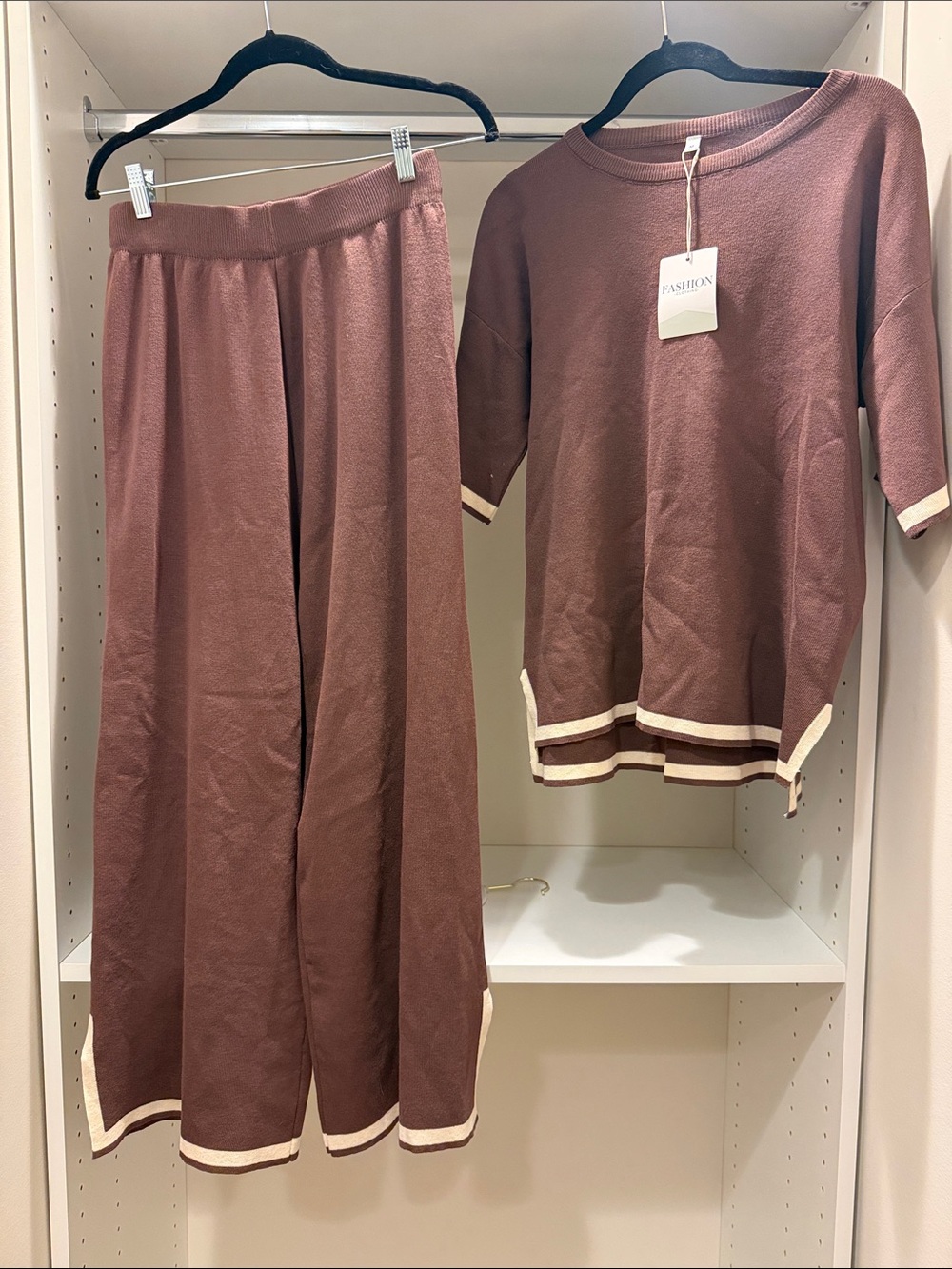 Ladies Two-Piece lounge Set - Brown with Cream trim